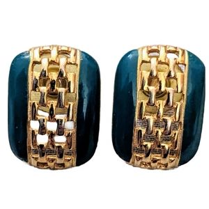 Vintage Gold Tone Metal Grid and Painted Blue Enamel Rectangle Earrings
